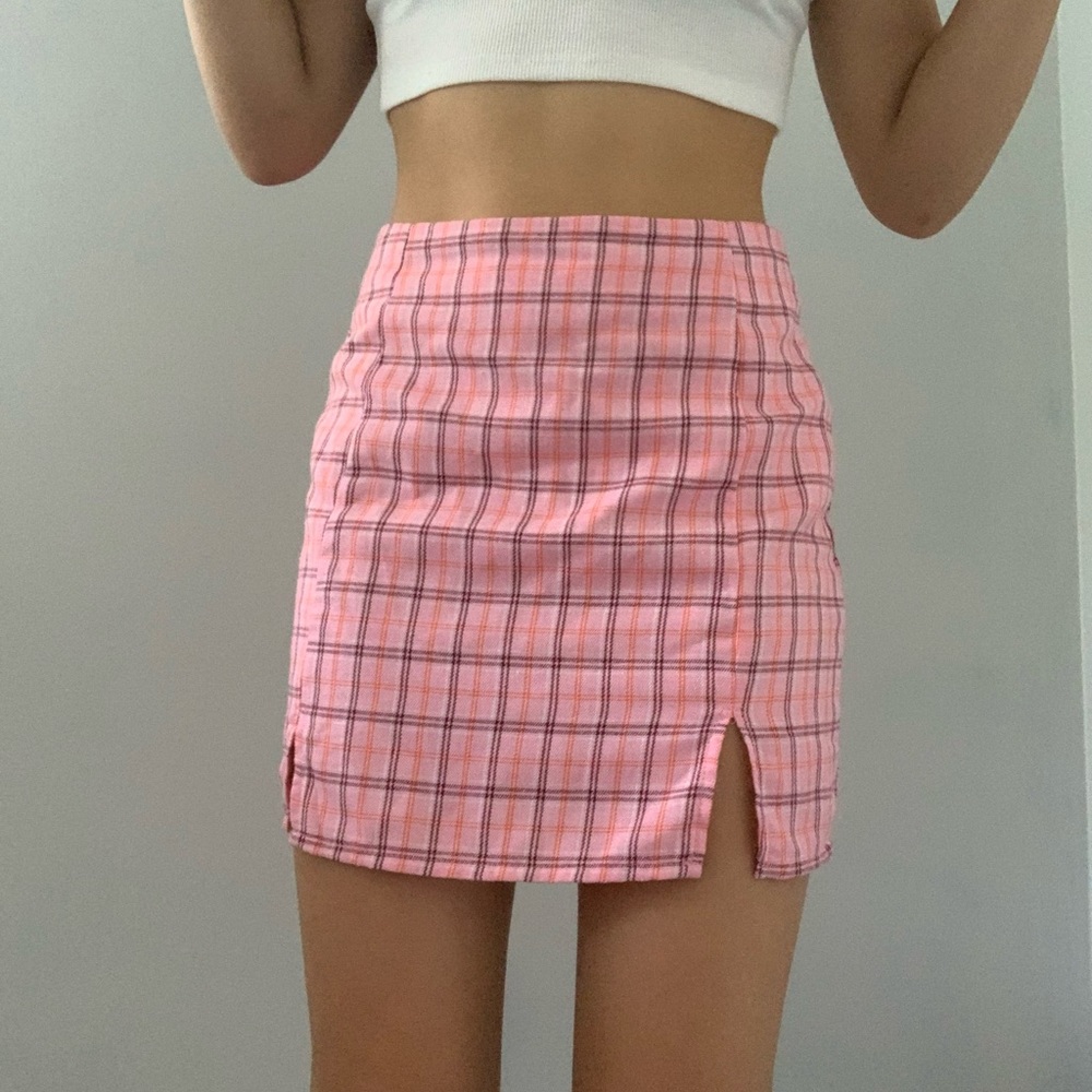 Shein slitted side pink plaid skirt